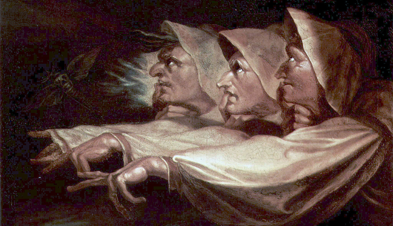 Painting of three old women pointing away from the painter.