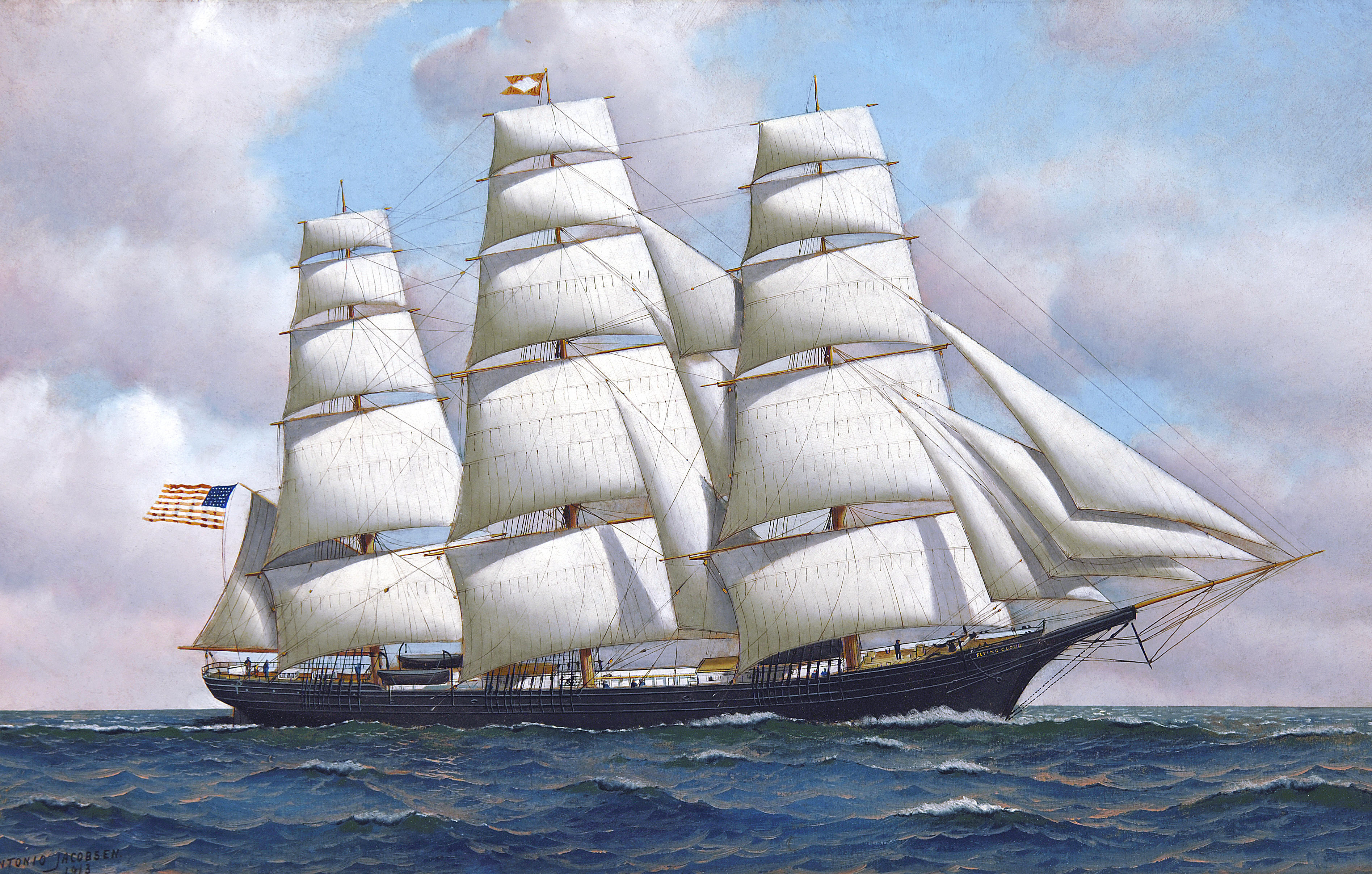 A painting of a ship with large sails and an American flag.