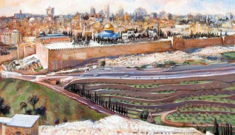 Painting of a city landscape enclosed by a wall and farmland outside of it.