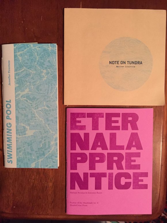 Three pamphlets titled "Note on Tundra," "Swimming Pool," and "Eternal apprentice."