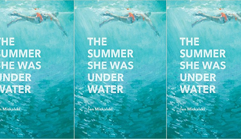 Book cover for "The Summer She was Under Water" by Jen Michalski repeated three times. The cover is a painting of a person swimming above deep blue water.
