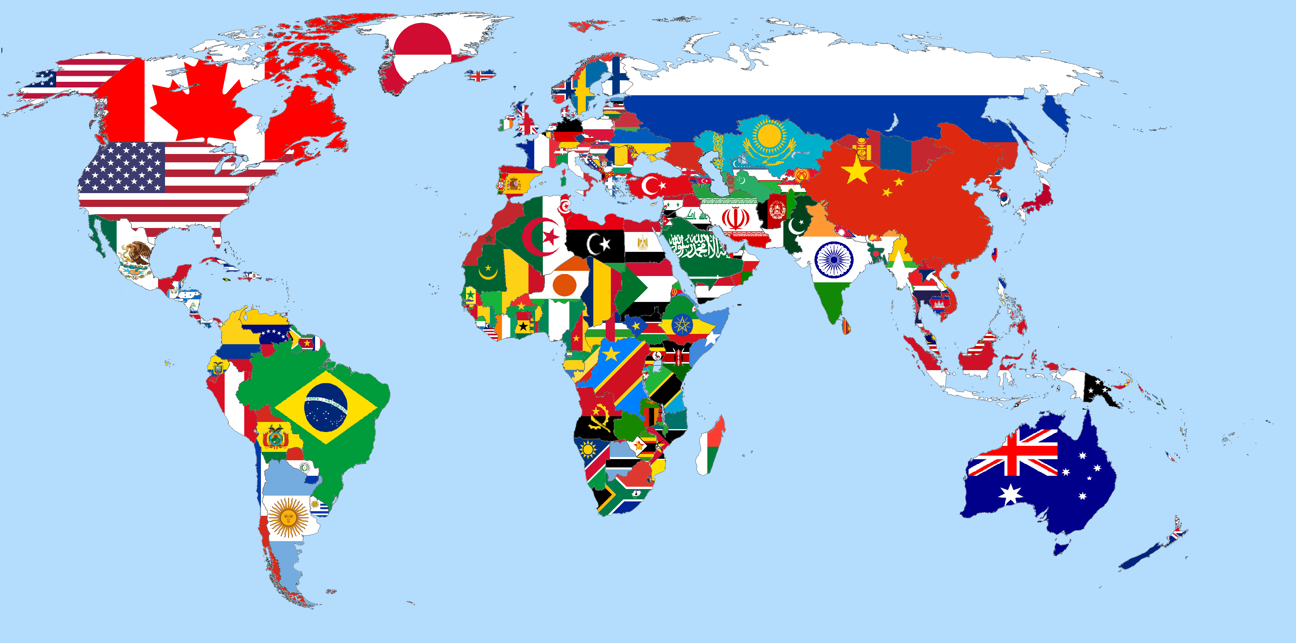 Map of the world with each country's flag filling in their respective countries.