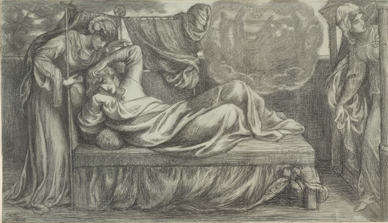 A drawing of a person laying on a bed with attendants standing by.
