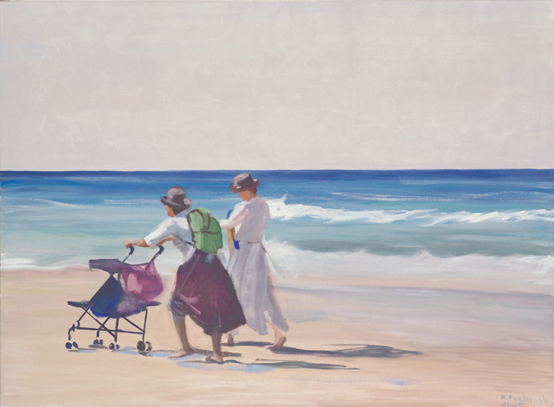 A painting of two women pushing a stroller on the beach.