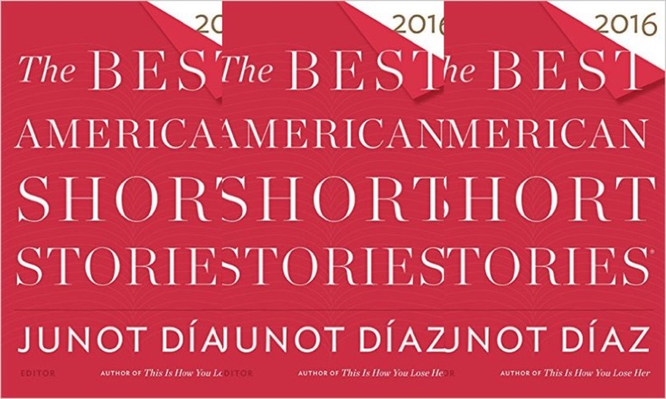 Red book cover reading "The Best American Short Stories" by Junot Díaz.