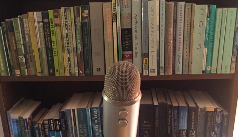 Microphone in front of bookshelf.