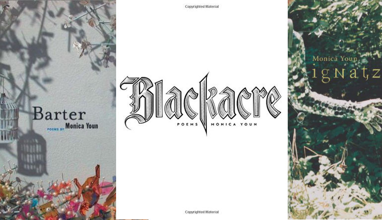 Book covers for "Barter," "Blackacre," and "Ignatz" by Monica Youn.