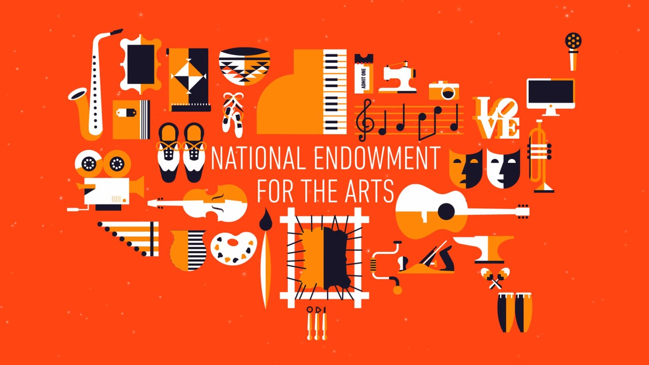 National Endowment for the Arts logo. Orange background with icons representing the different arts.