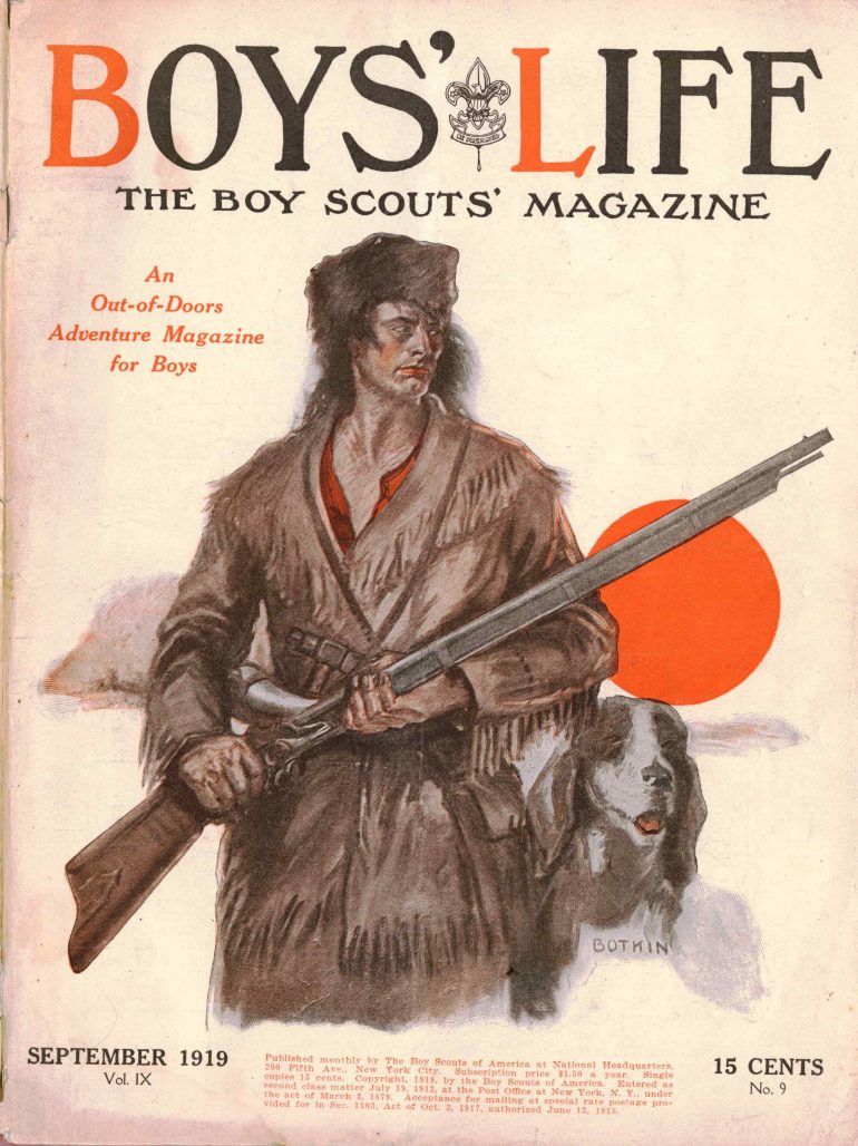Magazine cover of "Boy's Life The Boy Scouts' Magazine" with a boy holding a gun.