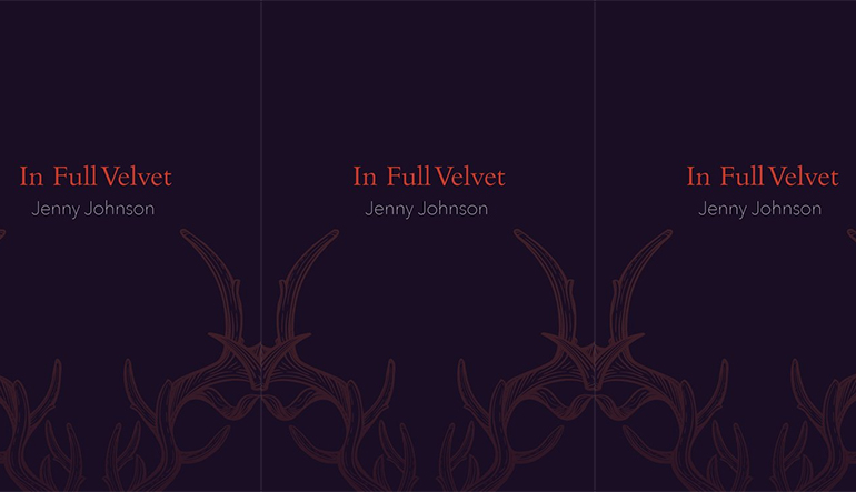 Book cover for "In Full Velvet" by Jenny Johnson which has a dark blue background and bronze antlers at the bottom.