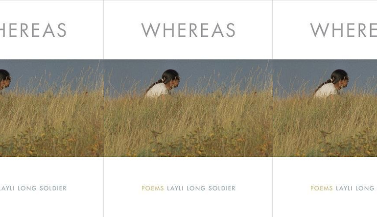 Book cover for "Whereas" by Kayli Song Soldier with a person sitting in a field in the center.