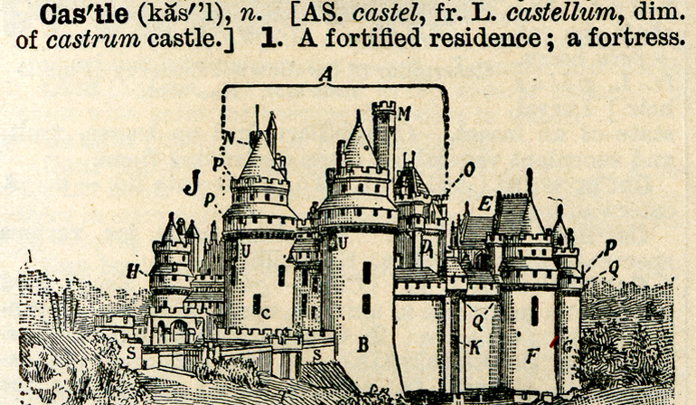 Sketch of a castle with the definition written above.