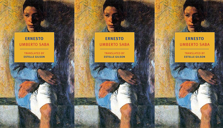 Book cover for "Ernesto" by Umberto Saba and Translated by Estelle Gilson. The cover is a painting of a person sitting on a bench with the text in a square over their chest.