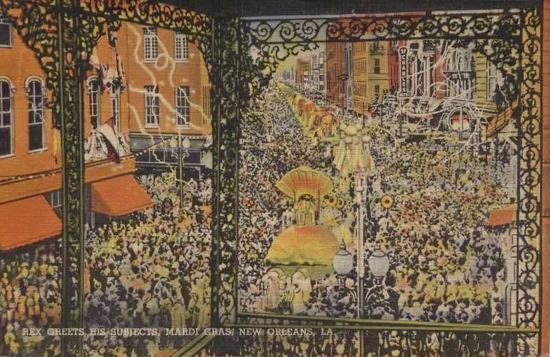 Painting of a crowded city street of a festival.