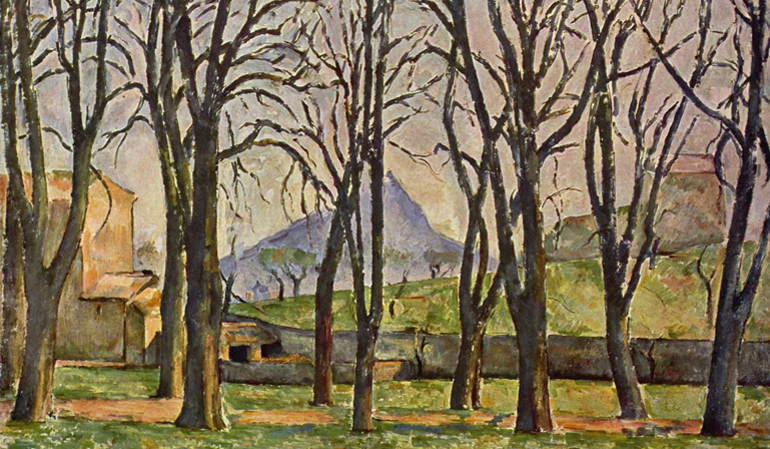 Painting of bare trees in front of a beige house and a mountain in the distance.