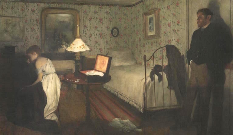 Man watching a woman in a victorian style bedroom.