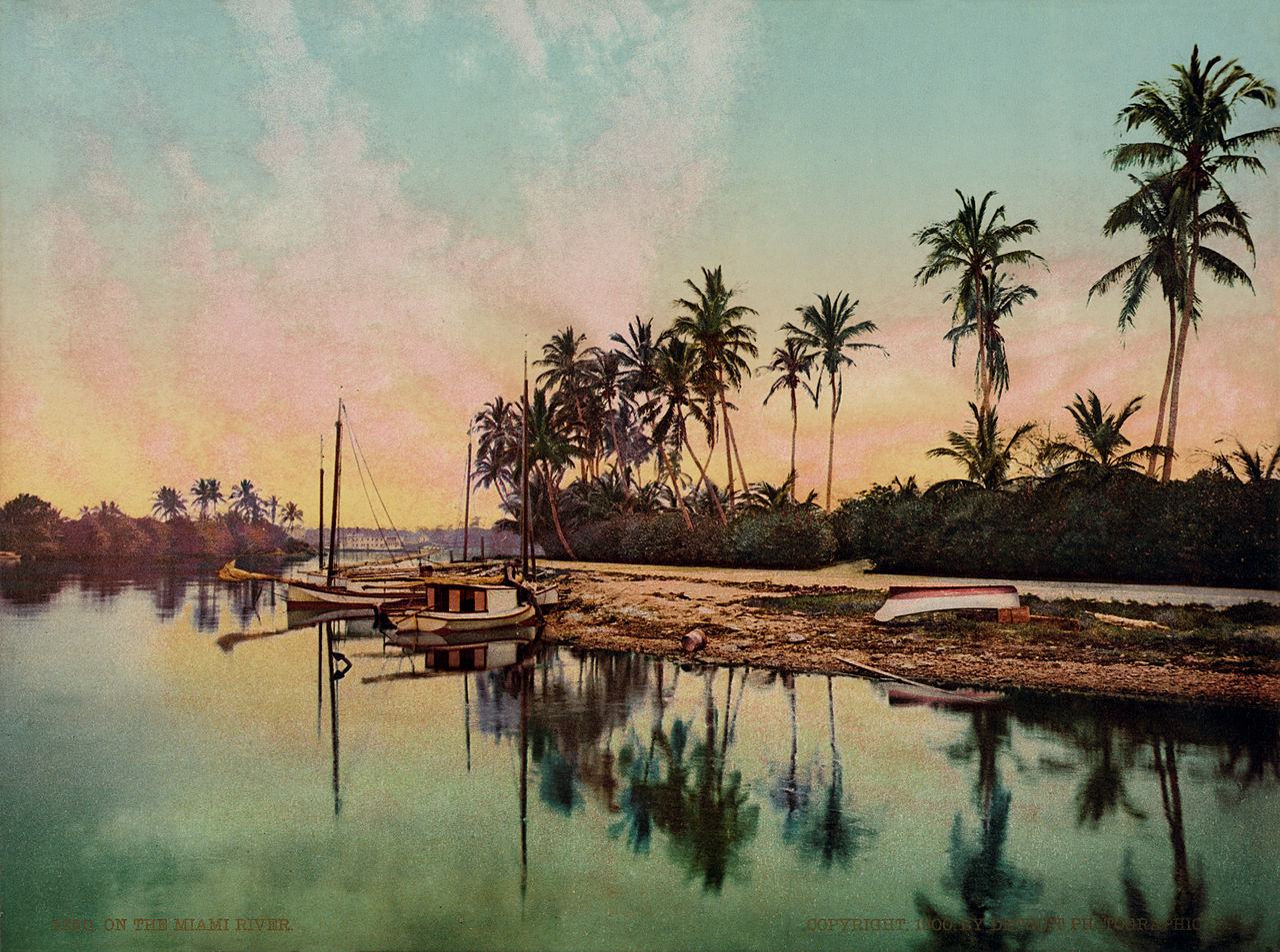 Painting of boats docked on a lake.