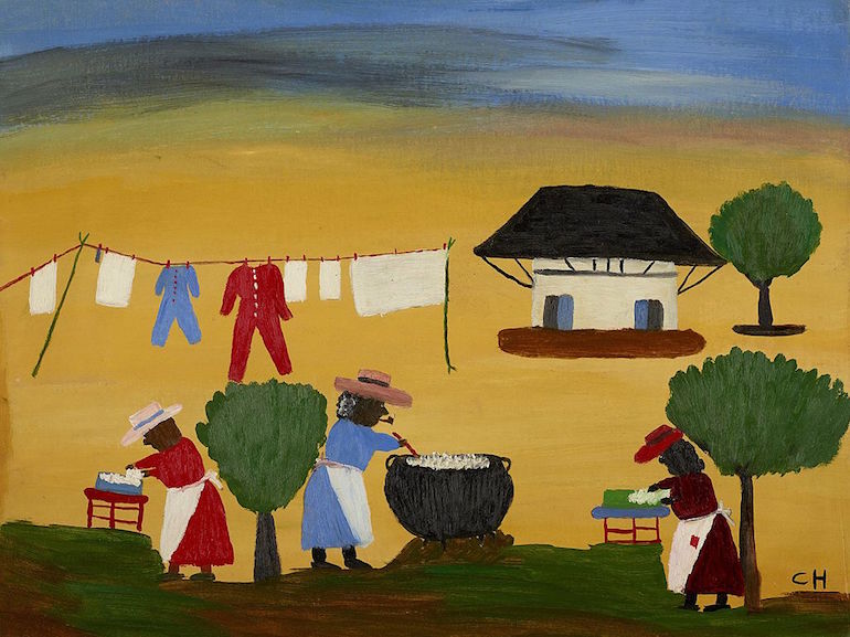 Painting of women washing clothing outside.