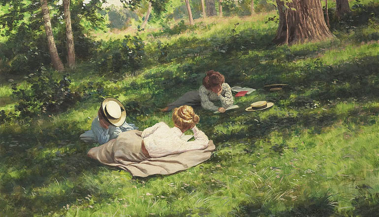 Painting of three women resting in a meadow.