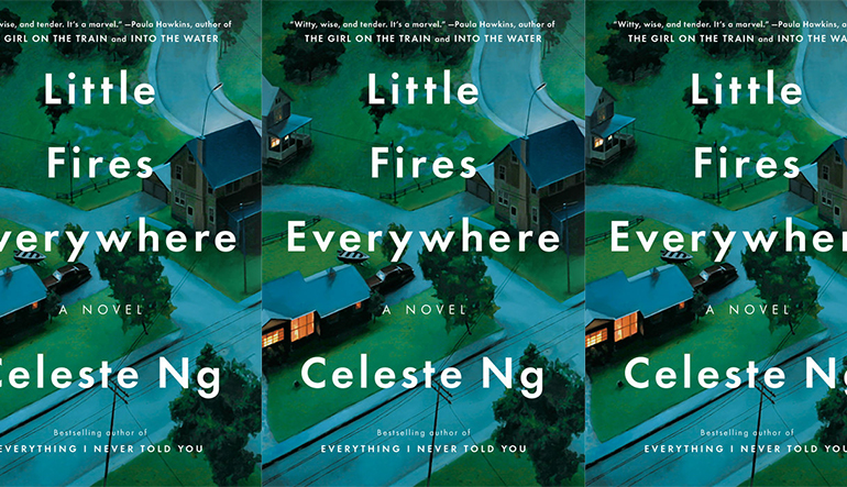 Book cover for "Little Fires Everywhere" by Celeste Ng. Behind the text is an aerial view of streets connecting houses.