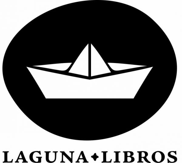 Black circle with a paper boat and text reading "Laguna + Libros" under it.