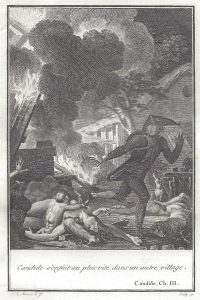Illustration of man running from burning building.