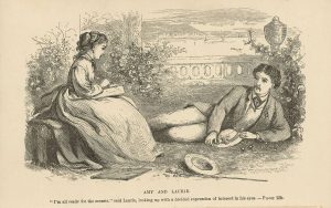 old drawing of man and woman courting 