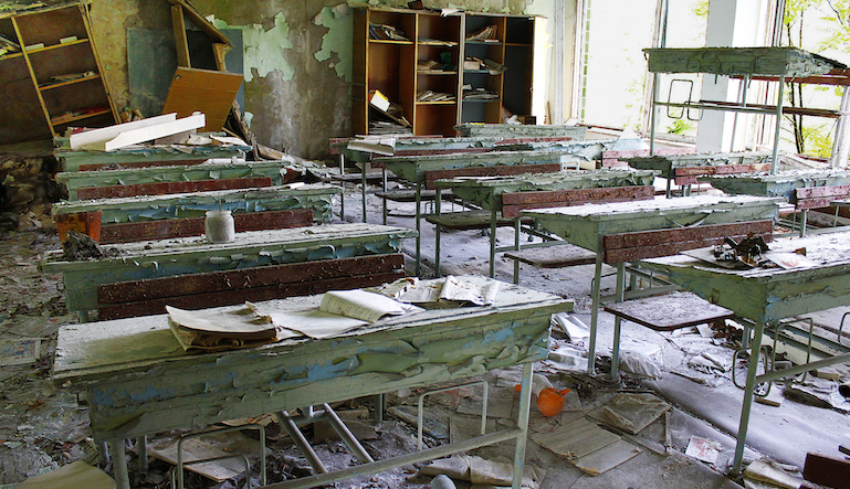 messy, abandoned classroom 