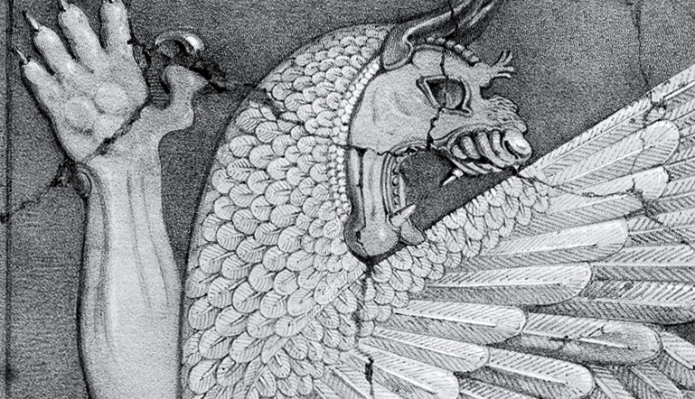 Drawing of monster with feathers, a claw, horns, and a large open jaw.