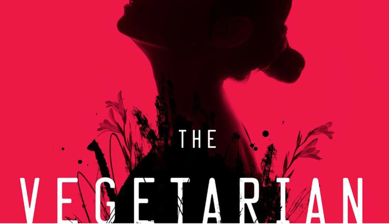 Poster for "The Vegetarian" with a red background and the silhouette of a neck and jaw.