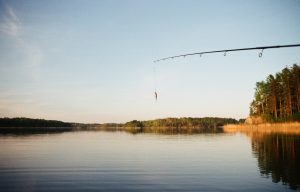 Fishing pole hovering over a lake.