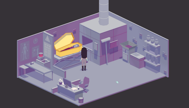 3D Model of a purple office room with a yellow coffin.