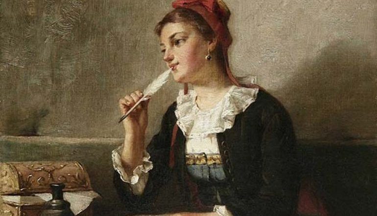 painting of woman with a white quill