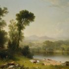 Trees, a lake, and cattle in a pastoral painting