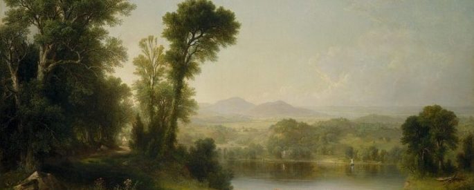 Trees, a lake, and cattle in a pastoral painting