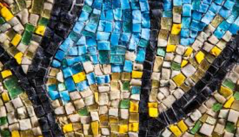 tile mosaic with blue, yellow, green, beige, and black