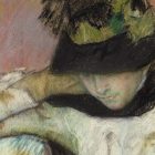 painting of a woman wearing a hat, which hides her eyes