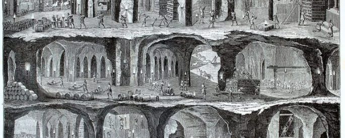 black and white print of underground view of the Salt Mines in Wieliska, Galicia