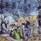 illustration on cover of Body Music, five people in an autumnal park, a cityscape behind them