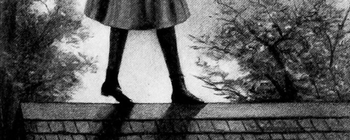 Anne walking precariously across a rooftop, only her skirt and legs are seen in the image