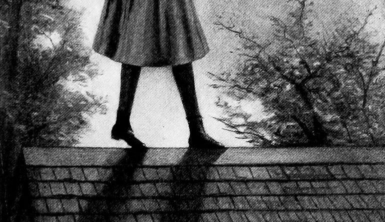 Anne walking precariously across a rooftop, only her skirt and legs are seen in the image