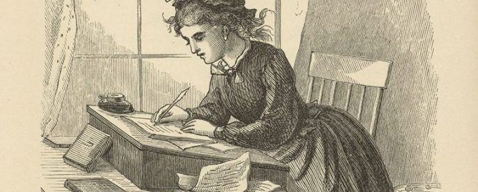 Jo writing furiously at a desk