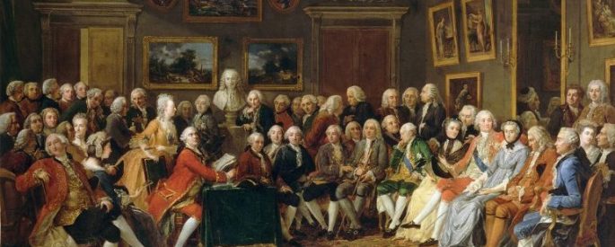 salon of Madame Geoffrin - there are mostly men in the painting, with a couple women in the crowd