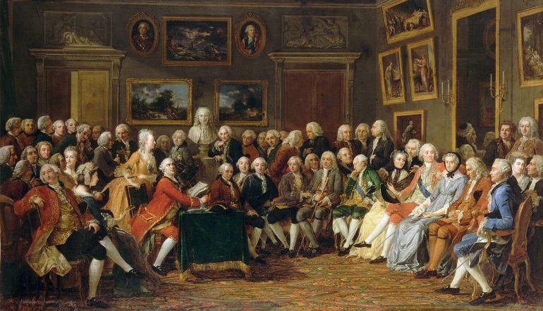 salon of Madame Geoffrin - there are mostly men in the painting, with a couple women in the crowd