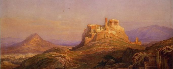 painting of the Acropolis on a hill in the distance, bathed in light