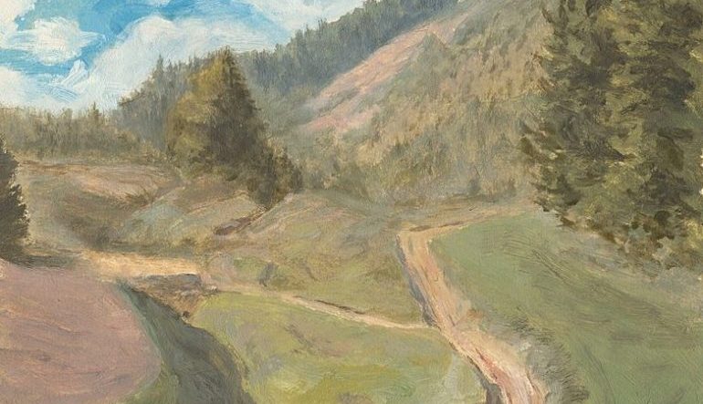 painting of a green mountain area with a dirt path that splits into two - fork in the road