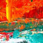 abstract painting with red and yellow on top half, green on the bottom