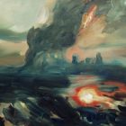 abstract painting of an distant view of the aftermath of Hurricane Katrina in New Orleans - smoky sky, orange fire, lots of dark blues