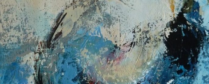 abstract, textured painting, what could be a representation of a wave - blues, yellows, reds, black