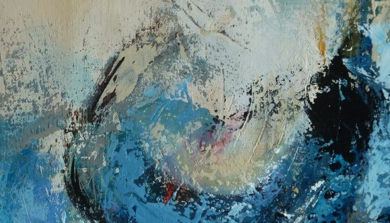 abstract, textured painting, what could be a representation of a wave - blues, yellows, reds, black